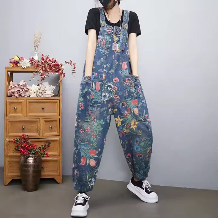 Traje De Piernas Anchas Para Mujer Con Estampado Floral Y Bolsillos Estilo Casual Streetwear Denim Rompers De Talla Grande Con Cinturones Y Mangas - 1