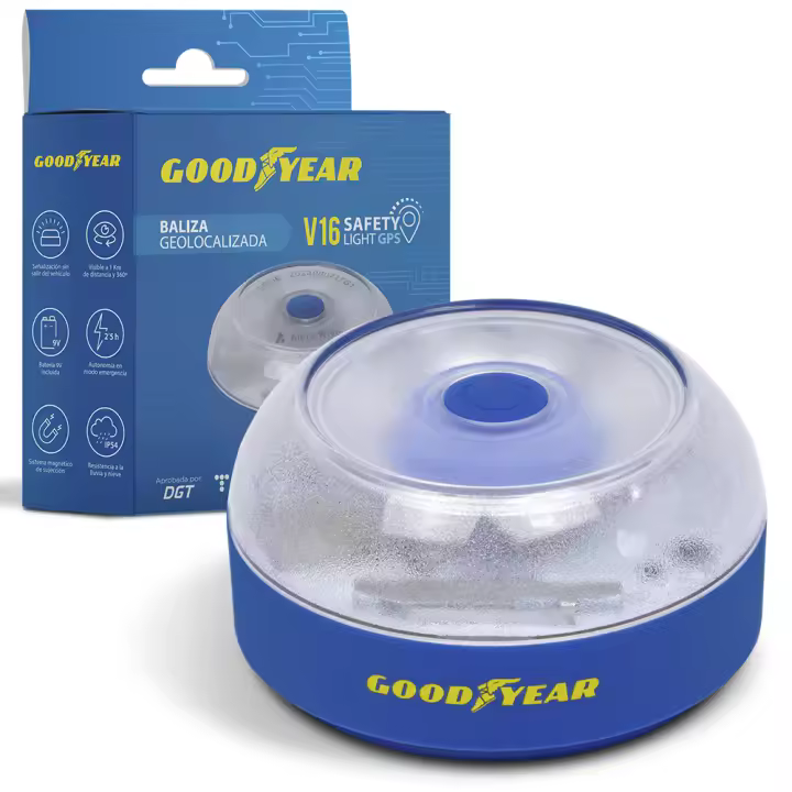 Baliza V16 Homologada DGT 2026 Goodyear, Luz de Emergencia Coche Conectada con GPS, Geolocalización Automática, Datos Gratis hasta 2038 y Base Magnética - 1