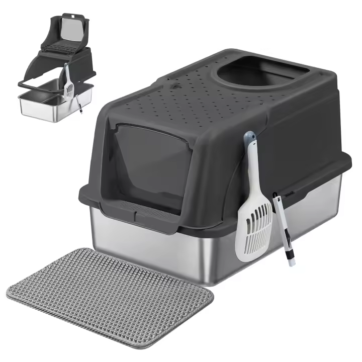 Feandrea Caja de Arena de Acero Inoxidable para Gatos con Tapa Abatible, Arenero XL, a Prueba de Fugas, Cuchara, Cepillo, Doble Entrada, Carga de Encimera de 15 kg, Gris Paloma/Beige Capuchino/Negro Tinta - 1