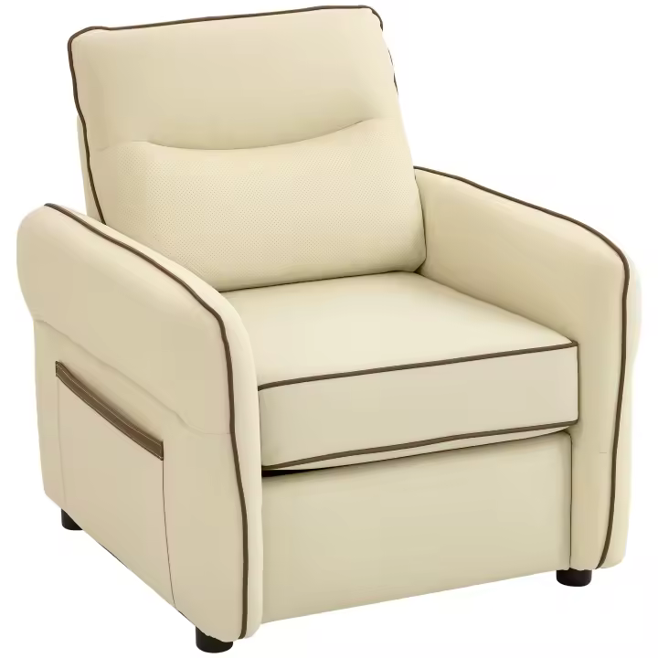 HOMCOM Butaca de Salón Tapizada en Cuero Sintético, Sillón Relax Moderno con Asiento Ancho, Acolchado Grueso, Reposabrazos y Bolsillo Lateral para Dormitorio, Sala de Estar, Carga 120 kg, Beige - 1