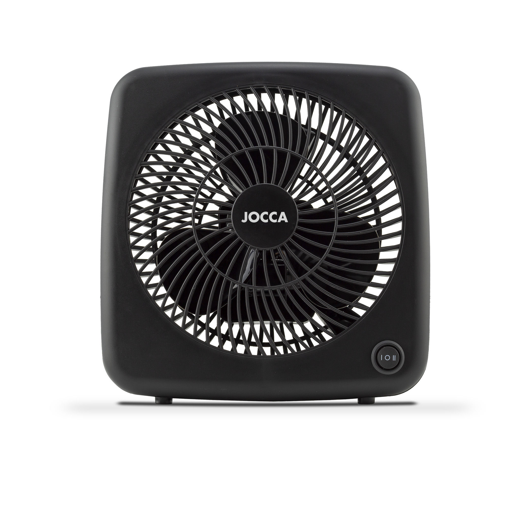 Mini ventilador Jocca de diseño compacto y elegante con estructura robusta con esquinas redondeadas, 2 velocidades de gran caudal de aire, 3 aspas, 30W de potencia y asa para fácil transporte