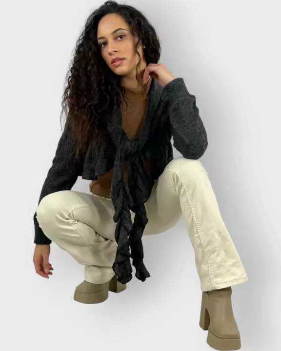 Cárdigan abierto mujer, chaqueta punto corta volantes, manga larga, mezcla viscosa, lazo frontal, gris oscuro, talla única, ligero, suave, moderno, urbano, oficina, versátil, cómodo, elegante ✅Entrega 24/48h - 1
