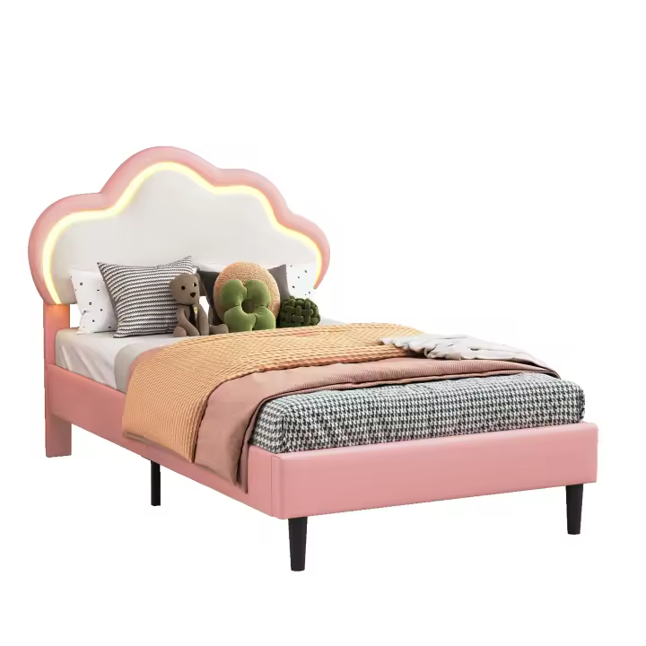 Cama Individual Tapizada 90x200 cm con LED y Cabecero Ajustable, PU Rosa - 1