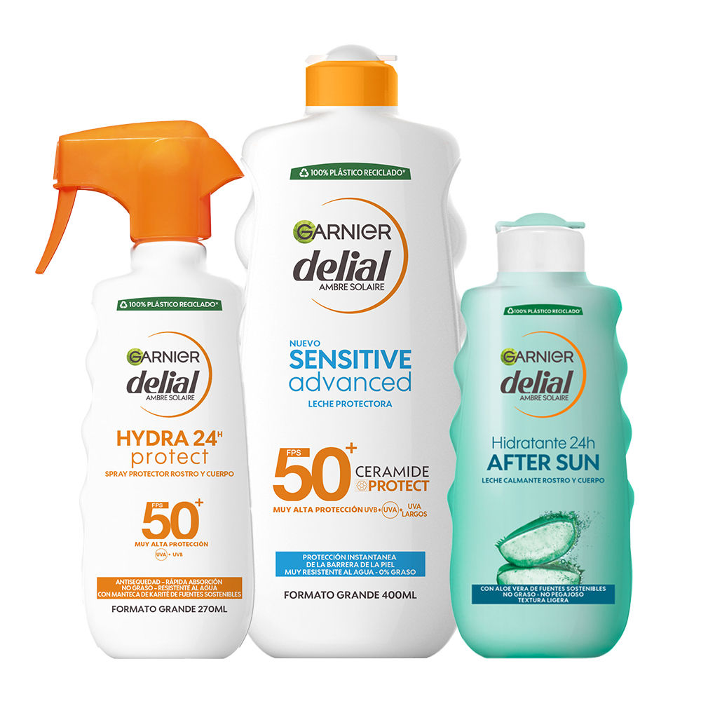 GARNIER | Delial Rutina Protégete del sol con Hydra 24 Protect SPF50+ 270ml + Leche protectora Sensitive Advanced SPF50+ 400ml + AfterSun con Aloe leche hidratante calmante 200ml
