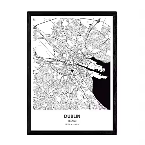Nacnic Poster Con Mapa De Dublin Irlanda. Láminas De Ciudades De Europa Con Mares Y Ríos En Color Negro. - 1