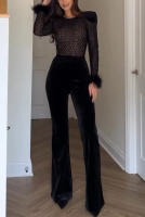Nueva Moda Mujer Traje De Dos Piezas De Veludo Dorado Con Cuello Redondo Y Manga Larga Slim Fit Color Sólido Sexy Para Todas Las Estaciones - details 6