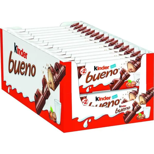 Kinder Bueno Original 30 unidades - Compuesto por 2 barritas de crujiente barquillo envueltas individualmente, recubiertas de chocolate con leche y con un relleno cremoso de leche y avellanas - 1