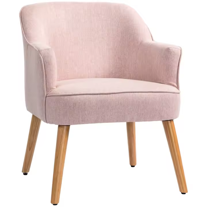 HOMCOM Butaca de Salón Moderno Sillón Individual Tapizada en Lino con Patas de Madera Reposabrazos y Almohadillas Ajustables para Dormitorio Oficina Estudio Carga 120 kg 64,5x65x79,5 cm Rosa - 1