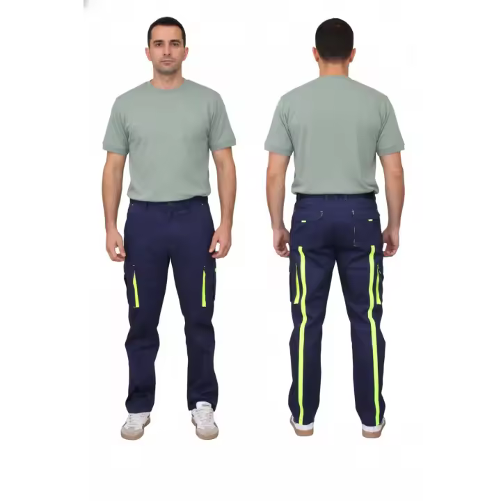 Pantalón Trabajo CDR 11478 con Fluorescente, Bicolor, Elástico y Resistente para Trabajo, Azul Marino o Gris y Lineas Verde Reflectante Mommata - 1