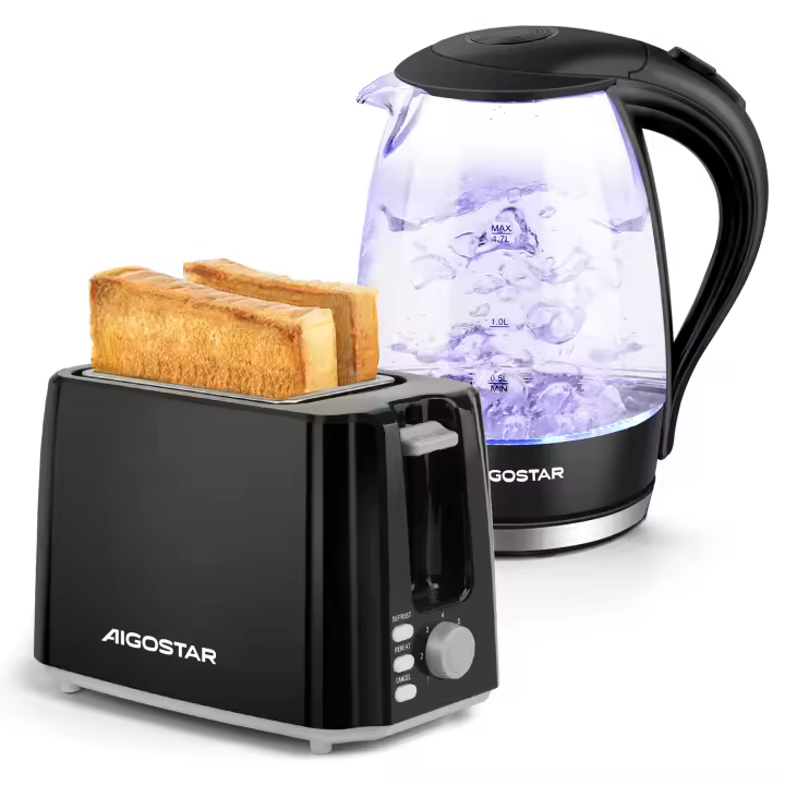 AIGOSTAR Tostadora ( 2 Ranuras, 7 Ajustes, Descongelación y Recalentar) & Hervidor de Agua Eléctrico de Cristal (1.7 L, 2200W) - 1
