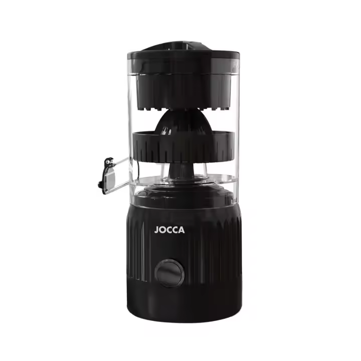 Exprimidor automático Jocca Elegance recargable. Exprime sin esfuerzo, sin residuos ni sabor residual. Preserva la fibra. Diseño compacto en color negro, fácil de guardar. Batería 2x1300mAh. Ideal para jugos frescos al instante. - 1