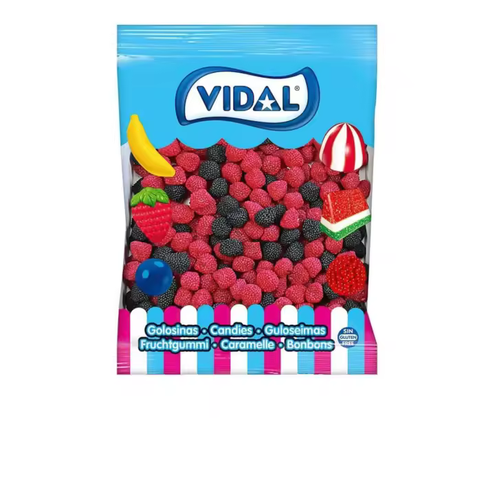 Vidal gominolas - Moras de Zarza 1 Kg - Golosinas en forma de moras recubiertas de bolitas de caramelo - Su exterior te conquistará y su dulce interior te hará repetir - Sin gluten y sin grasa - 1