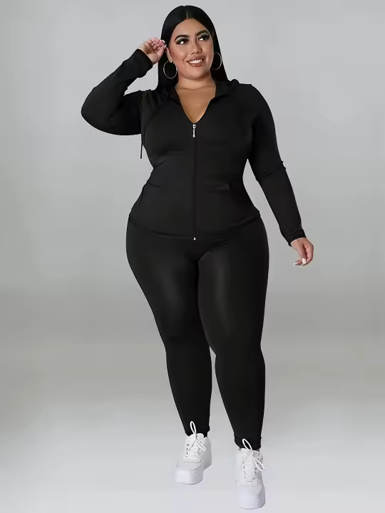 Traje De Dos Piezas Para Mujer Talla Grande Con Capucha Y Cierre De Cremallera Casual Con Bolsillos Estilo Slim Material Poliéster Y Elástico - 1
