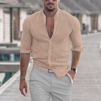 Camisa De Algodón Y Lino Para Hombre Cuello Mandarin Manga Larga Suéter Casual Primavera Otoño Moda Top Libre Talla - details 4