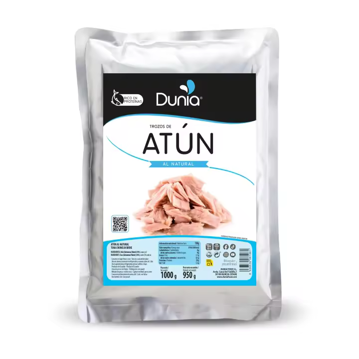 Dunia - Atún al natural en bolsa tipo pouch 1 kg (900 g escurrido), 95% atún sin aceite, libre de aditivos y conservantes, apto para congelar - 1