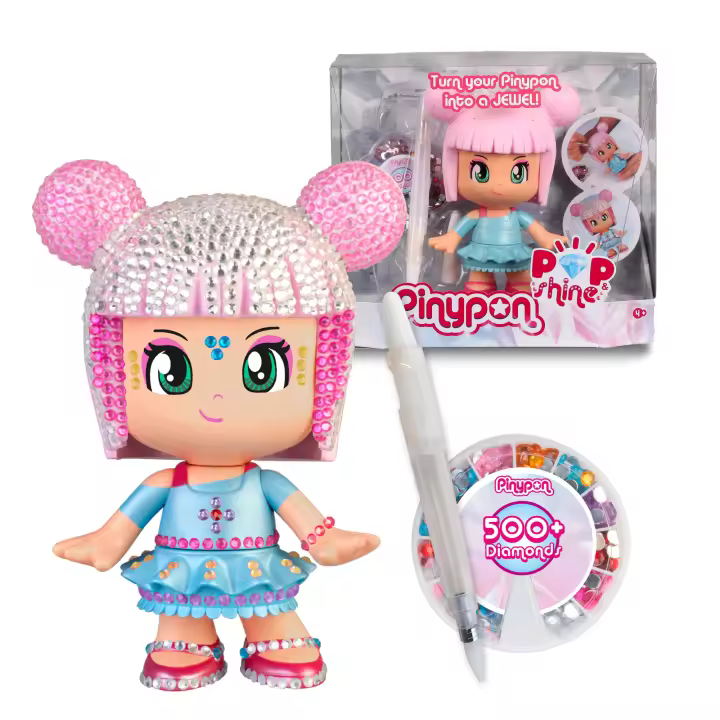 Pinypon - Pop & Shine, Figura de 17 cm para Decorar y Personalizar con 500 cristales Brillantes de 7 Colores Diferentes, Incluye un Bolígrafo de Pegamento y un Recambio, +4 años, Famosa (PNY57000) - 1