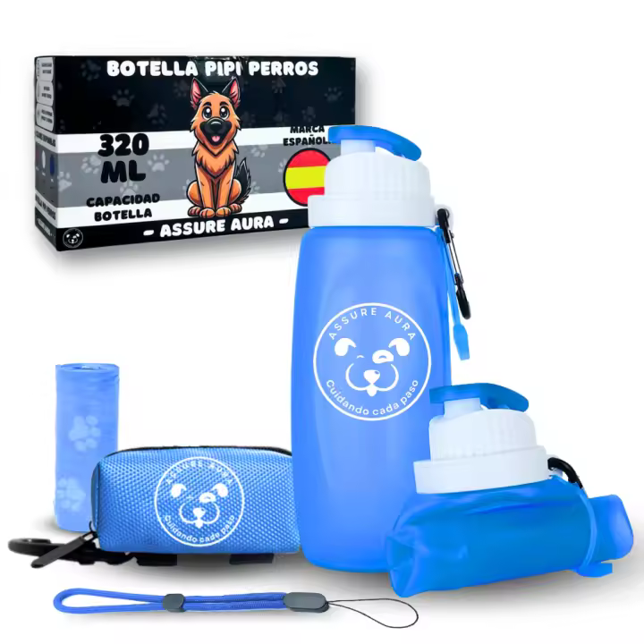 Pack Botella Pipi Perros Calle Silicona 320ml + Mosqueton + Cuerda Ajustable + Bolsas + Funda | Botella Agua Perro y Accesorios Perros | Botella pises Perro | Ideal Paseos (Azul, 320ml), Assure Aura - 1