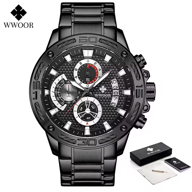 Reloj De Pulsera De Lujo Para Hombre WWOOR En Acero Inoxidable Y Oro Resistente Al Agua Con Cronógrafo Y Display Luminoso - 1