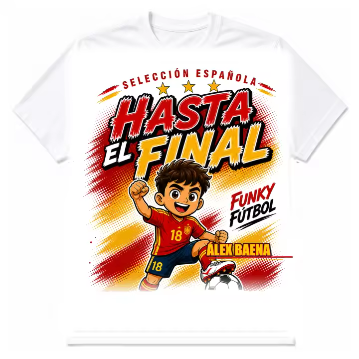 Stock Futbol Camiseta Blanca Selección Española 2026 Muñeco Funky Álex Baena, Frase Hasta el final, Diseño Fútbol Rojo y Amarillo para Afición España - Talla S - 1