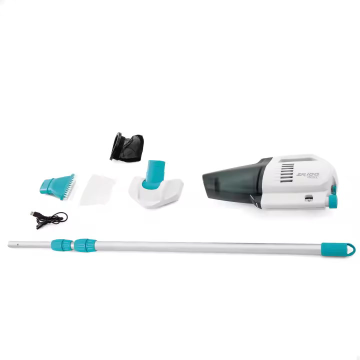 INTEX - Aspirador de piscina manual eléctrico ZR100, piscinas y spas hasta 5,49m, batería recargable, autonomía 50 min, tubo extensible de 2,39m, dos cepillos intercambiables, incluye filtros y cable USB, limpiafondos - 1