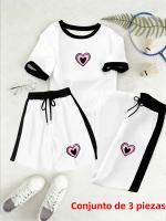 Conjunto De Tres Piezas Para Mujer Estilo Casual Y Versátil Con Estampado De Corazones Rosa Y Negro Camiseta Manga Corta Y Pantalones Largos Para Verano Uso Diario Compras Y Hogar - details 3