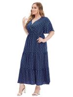 Vestido Bohemio Casual De Polka Dot Para Mujer plus Talla Con Vuelta Corta Y Cuello En V Traje De Verano De Polyester - details 13
