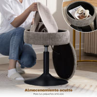 HOMCOM Taburete de Bar con Almacenaje, Altura Ajustable, Taburete de Cocina Redondo, Giratorio, Tapizado en Chenilla, Base de Acero, Diseño Botones, Acolchado, para Salón, Comedor, Oficina, Gris - details 4