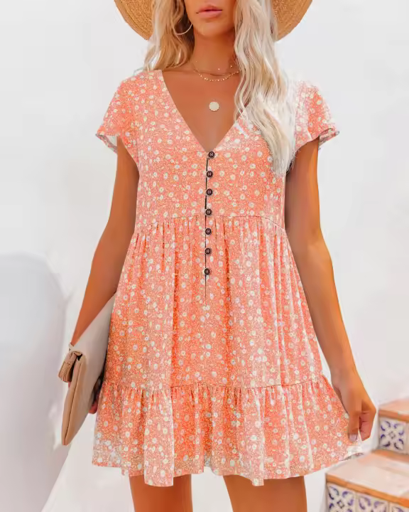 Vestido De Mujer Con Estampado Floral Y Cuello En V Para Primavera Y Verano Estilo Libre Con Botones Y Diseño De Manchas Pequeñas - 1