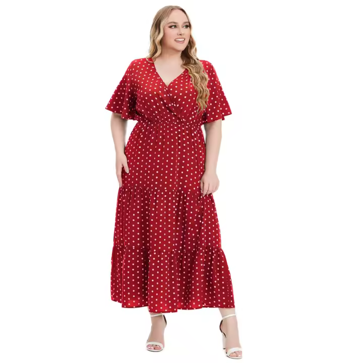 Vestido Bohemio Casual De Polka Dot Para Mujer plus Talla Con Vuelta Corta Y Cuello En V Traje De Verano De Polyester - 1