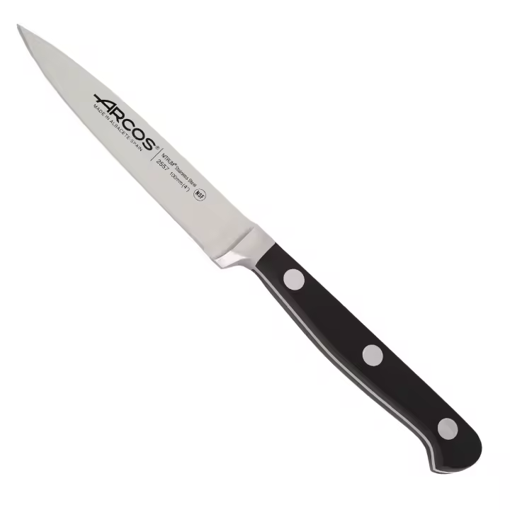 Arcos Cuchillo Mondador Profesional - Hoja Forjada Acero Inoxidable NITRUM 100 mm - Mango Resistente POM Negro - Serie Clásica para Cocina - 1