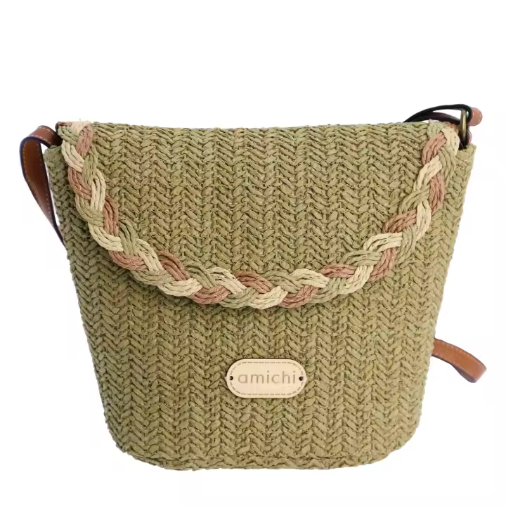 Bolso bandolera para mujer AMICHI Sola de rafia verde con cierrre de cremallera - 1
