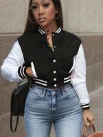 Chaqueta Casual Elegante Para Mujer En Blanco Cierre De Botones Aviador Corta Manga Larga Otoño Invierno Streetwear Outerwear - details 1