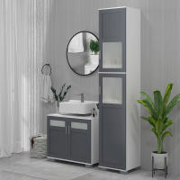 kleankin Armario Alto de Baño Mueble Columna de Baño con 2 Puertas de Vidrio Templado y Estantes Ajustables 37x35x190 cm Blanco y Gris - details 1