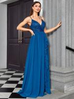 Vestido Largo De Encaje Con Pliegues Y Loto Abertura En La Cintura Estilo Halter V-Neck Para Mujer Traje De Noche Elegante - details 4