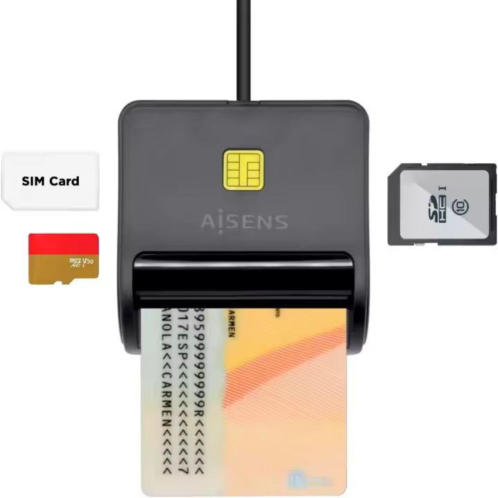 Aisens - Lector DNI Electrónico DNIe y Tarjetas Inteligentes (SIM, SD, Micro SD, MMC, RS-MMC, MMC Micro) Con USB, Compatible con Mac y Windows, Identificación Personal en Sitios Web y Administraciones Públicas, Color Negro, ASCR-SN02SD-BK - 1