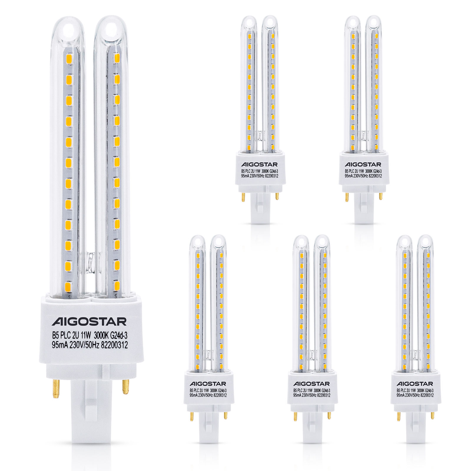 Aigostar Paquete de 5 bombillas LED PLC 2U, tubo de maíz G24d-3, no regulable