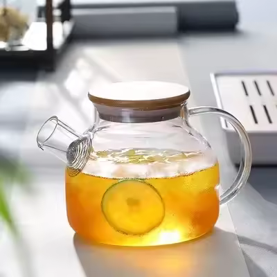 Tetera De Vidrio Resistente Al Calor 1.8/1L Transparente Con Cubierta De Madera Y Filtro Removible VIE LENTE Herramienta Para El Hogar - 1