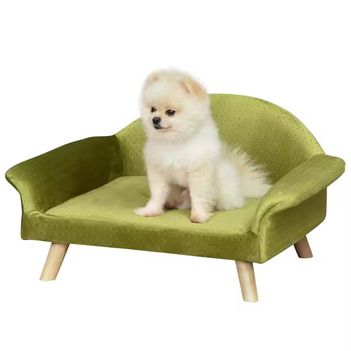 PawHut Sofá Cama para Mascotas Sofá para Perros Gatos con Cojín Acolchado Extraíble Patas de Madera 73x58x37 cm Terciopelo Latón - 1