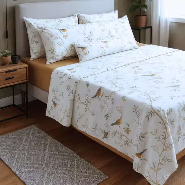 Juego de Sábanas 3/4 Piezas 100% Algodón Pájaros Mostaza Alo Home Bajera, Encimera y Fundas de Almohadas Cama 90, 135 y 150 cm - 1