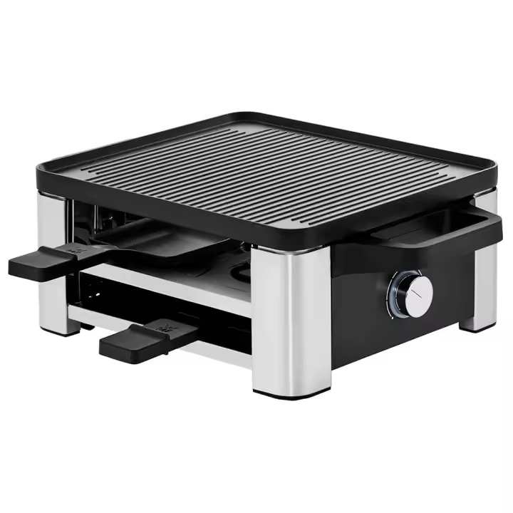 WMF Raclette Cuatro Personas con Sartenes Antiadherentes, Termostato Ajustable LED y Estante Inferior para Sartenes - 1