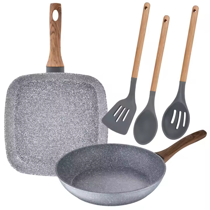 Juego de sarten con asador grill de 26 cm y 28x28 cm en aluminio forjado y set de 3 utensilios de cocina SAN IGNACIO - 1