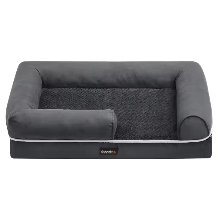 Feandrea Cama Ortopédica para Perros, Sofá, Cama para Mascotas, Acolchado Suave, Bordes Elevados, Funda Extraíble y Lavable, 76 x 51 x 18 cm, Antideslizante, Gris Oscuro/Gris Claro, Regalo de Navidad - 1