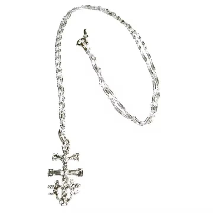 Collar Colgante Cruz de Caravaca Grande 30 Mm y Cadena a 50 Cm Modelo Singapur Todo Plata de Ley UNISEX - Protección Infinita y Buenos Augurios - 1