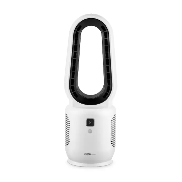 Ufesa - Ventilador de torre sin aspas Nara para escritorio o mesilla, con batería recargable de 2200 mAh y autonomía hasta 2 horas, 3 velocidades, diseño compacto de 39 cm y pantalla LED - 1