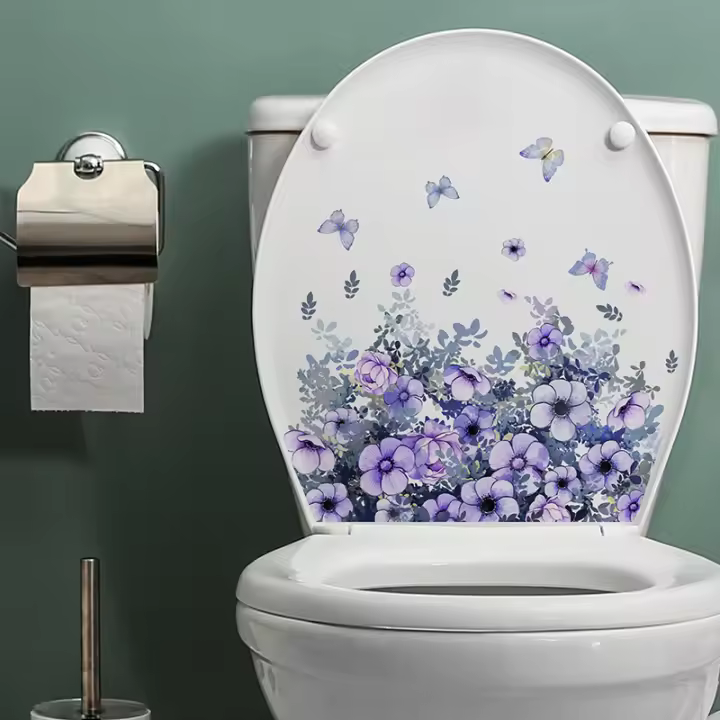 Pegatinas De Pared De Mariposa Flor De Enredadera Morada Para Baño Y Toilette Decoración Bebida PVC Autoadhesiva Para El Hogar - 1