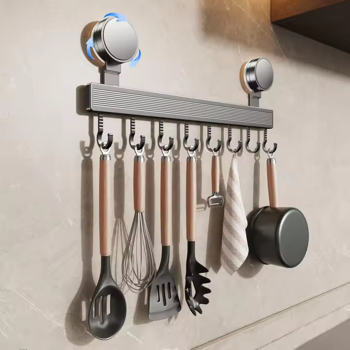 TK Barra para utensilios de cocina sin taladrar con ventosa | 8 ganchos, 40 cm, extraíble, de acero inoxidable - 1