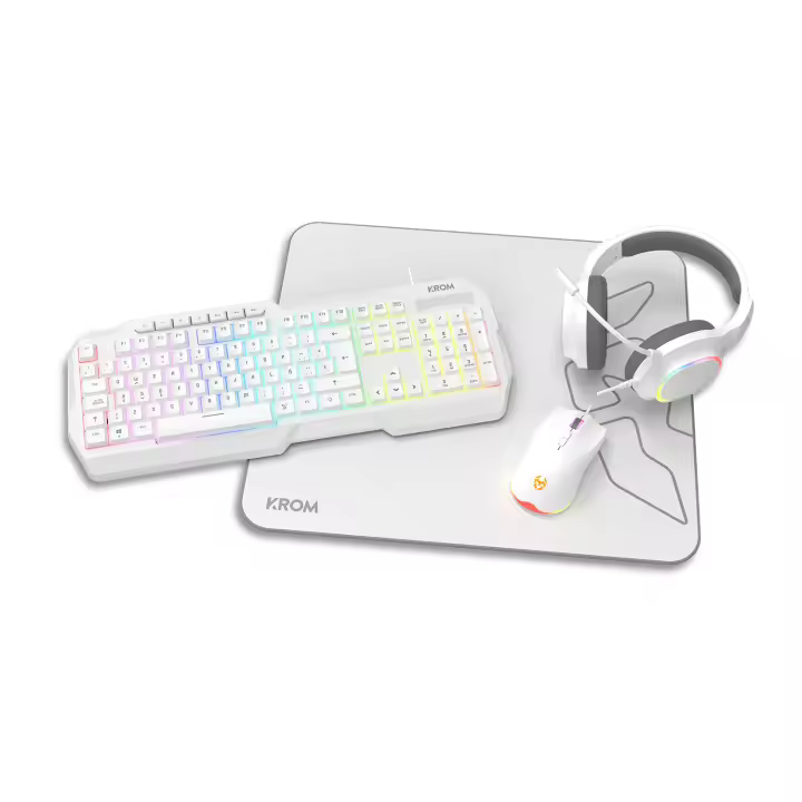 KROM KENTA - Combo Gaming 4 en 1 - Teclado RGB Rainbow, Layout Español, Antighosting, Ratón óptico 7200 DPI, Auriculares 50mm Estéreo y Alfombrilla 450x400x3mm, Color Blanco - 1