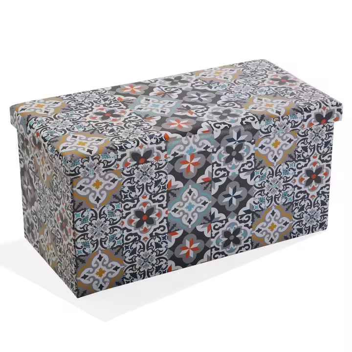 Versa Alfama Taburete Plegable. Puff Tipo Baúl con Almacenaje, , Medidas (Al x L x An) 37,5 x 76,5 x 38 cm, Polipiel, Color Gris y azul - 1