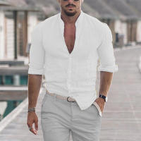 Camisa De Algodón Y Lino Para Hombre Cuello Mandarin Manga Larga Suéter Casual Primavera Otoño Moda Top Libre Talla - details 2