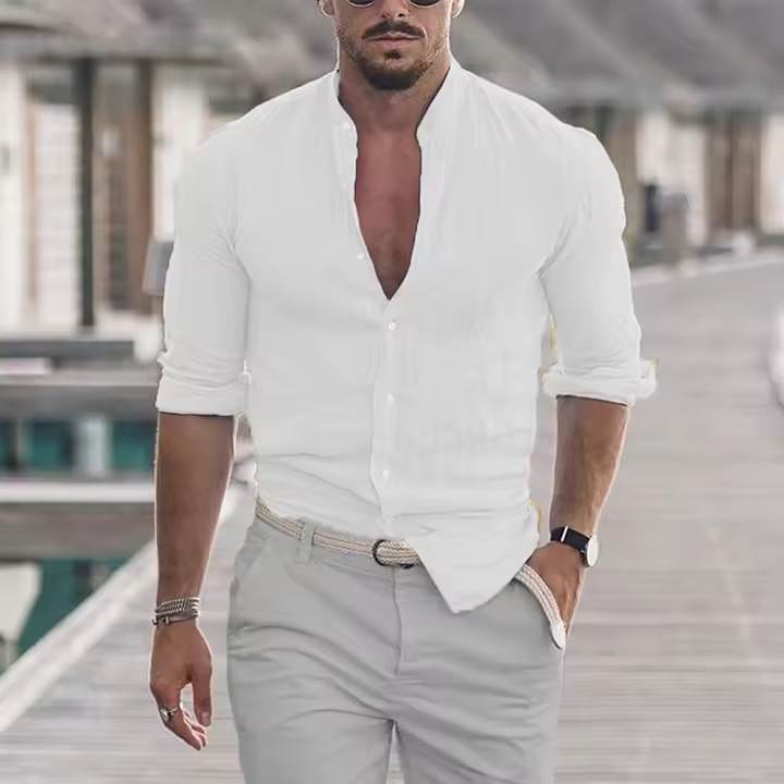 Camisa De Algodón Y Lino Para Hombre Cuello Mandarin Manga Larga Suéter Casual Primavera Otoño Moda Top Libre Talla - 1
